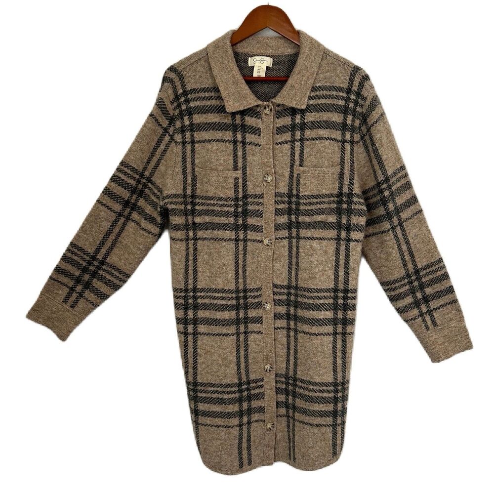 Jessica Simpson Cardigan Women XL Tan Blue Long Wool Pocket Plaid Boho Preppy